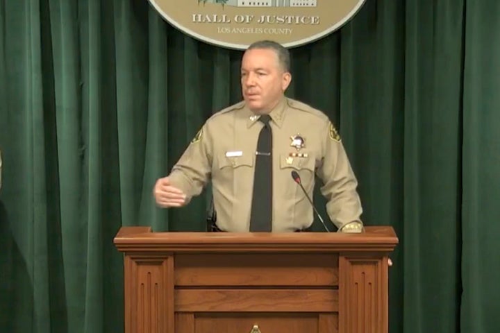 In this image take from a livestream video feed provided by the Los Angeles County Sheriff's Department, Sheriff Alex Villanu