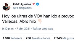 Iglesias crea revuelo en Twitter explicando por qué Vox es culpable de lo ocurrido en