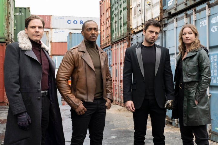 Emily VanCamp Knows You Want Justice For Sharon Carter 3 Daniel Bruhl, Mackie, Sebastian Stan and VanCamp in "The Falcon and the Winter Soldier."