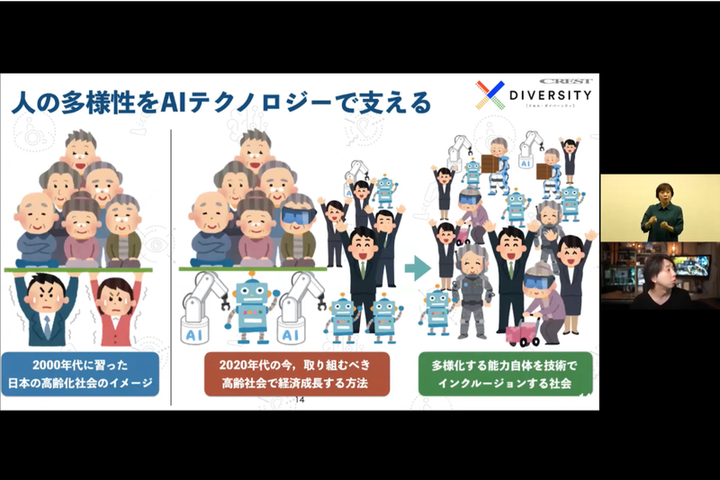 自らが研究代表を務める多様性と機械学習をテーマとしたプロジェクト「JSTCRESTｘDiversity」について話す落合陽一さん。