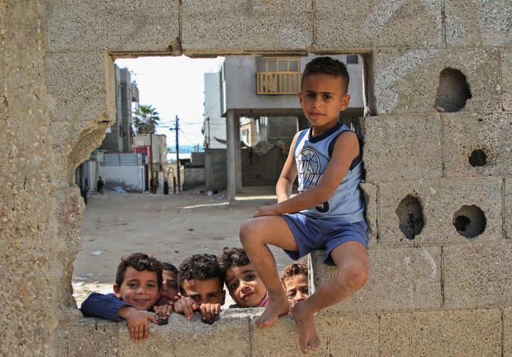 GAZA CITY, April 5, 2021 -- Palestinian children in an alley in Al-Shati refugee camp in Gaza City. 