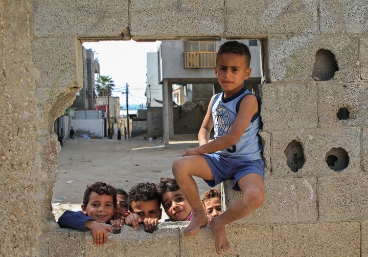 GAZA CITY, April 5, 2021 -- Palestinian children in an alley in Al-Shati refugee camp in Gaza City.&nbsp;