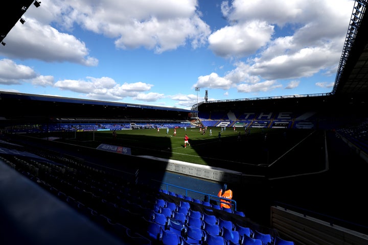 Match action in front of empty stands during the Sky Bet Championship match at St. Andrew's Trillion Trophy Stadium, Birmingham.