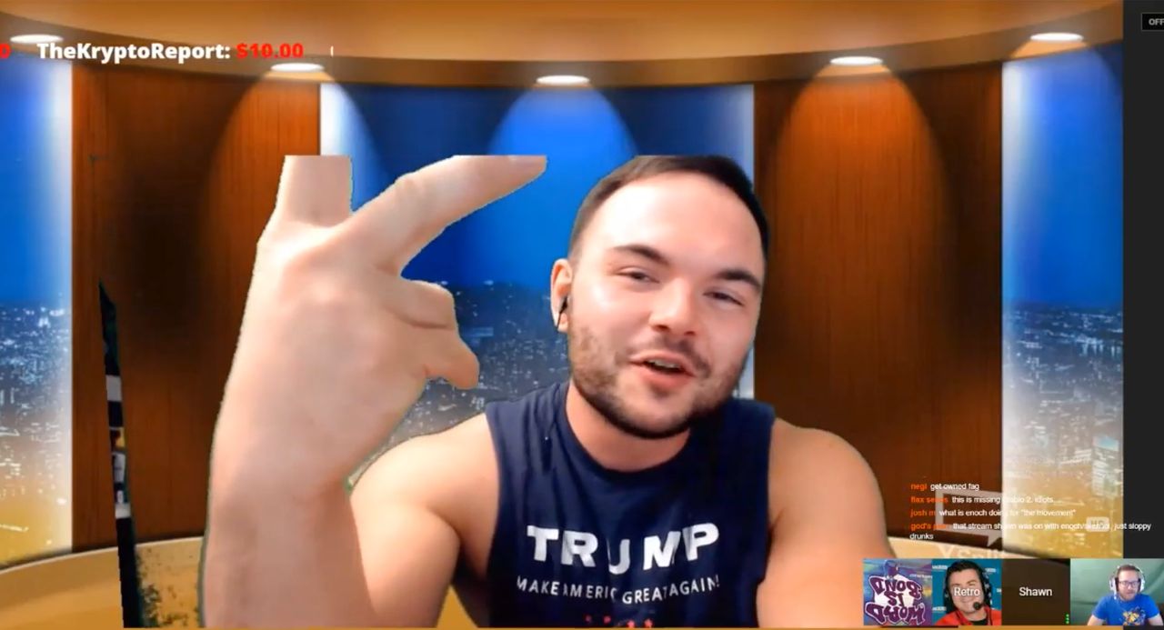 McCaffrey wearing a Trump shirt during a livestreamed episode of his podcast, "The Weekly Sweat." The guest on that episode was neo-Nazi Andrew Anglin.