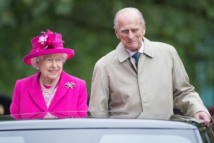 Queen Elizabeth and the Duke of Edinburgh during "The Patron's Lunch" celebrations for the Queen's 90th birthday on June 12, 2016, in London.