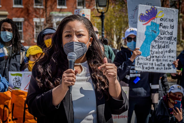 New York Assemblywoman Amanda Septimo (D) speaks at a news conference for the "excluded workers" fund in Manhattan. The fund was one of several major progressive victories.