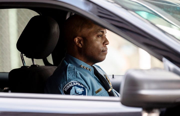 Minneapolis Police chief Medaria Arradondo drives a vehicle as he leaves the Hennepin County Government Center on April 5 in