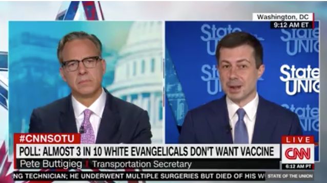 In an interview with CNN's Jake Tapper on Sunday, Transportation Secretary Pete Buttigieg implored white evangelicals reluctant to get vaccinated against COVID-19 to reconsider their stance. 