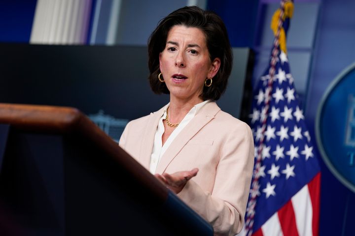 In this April 7, 2021, file photo Commerce Secretary Gina Raimondo speaks during a press briefing at the White House in Washington. (AP Photo/Evan Vucci, File)