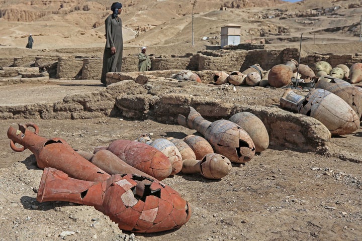 Ancient Egyptian artifacts seen at the site of the newly discovered Aten in present-day Luxor.