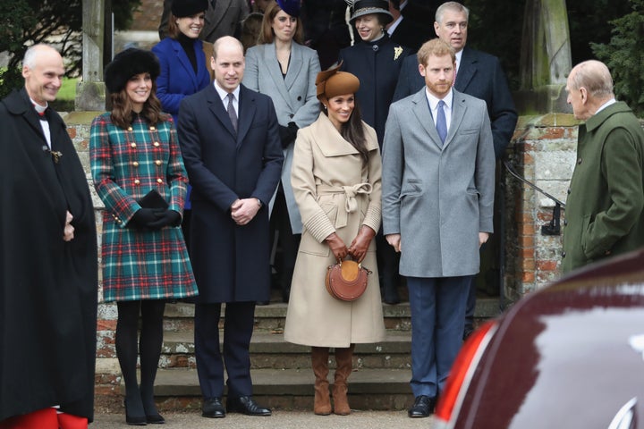 The royals attend Christmas Day Church service at Church of St Mary Magdalene on Dec. 25, 2017 in King's Lynn, England. 