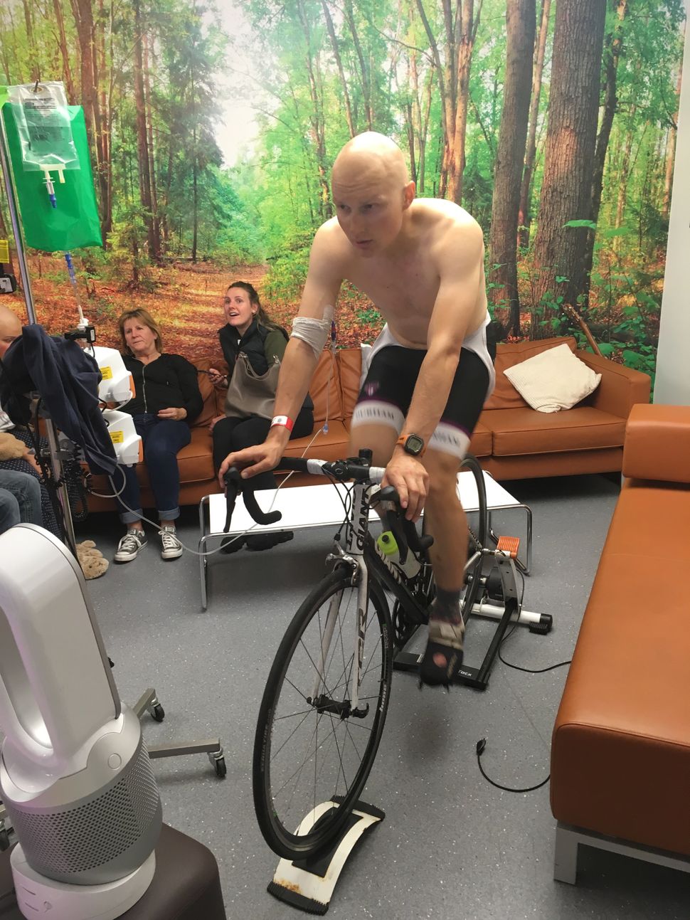The author cycling in hospital whilst on chemotherapy.