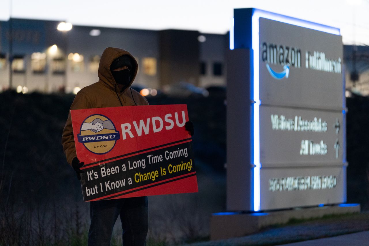 Amazon had anti-union messaging throughout the warehouse and put workers through so-called "captive audience" meetings, where consultants delivered talking points against unionizing.