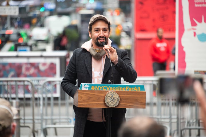 Lin-Manuel Miranda speaks during the opening of a vaccination center for Broadway workers in New York. 