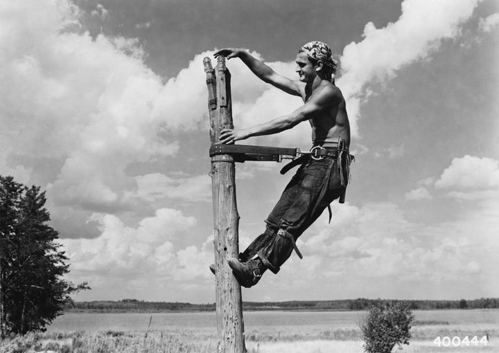 Civilian Conservation Corps worker Carl Simon installs insulators on top of a telephone pole about 1940 in Superior National 