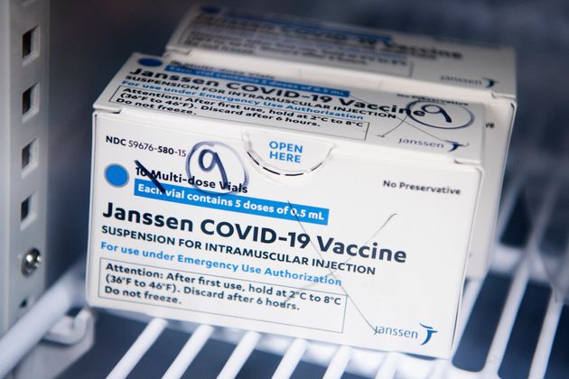UNITED STATES - APRIL 12: A box of Johnson & Johnson's Janssen COVID-19 vaccine doses are pictured at Grubb's Pharmacy on Capitol Hill on Monday, April 12, 2021. (Photo By Tom Williams/CQ-Roll Call, Inc via Getty Images)