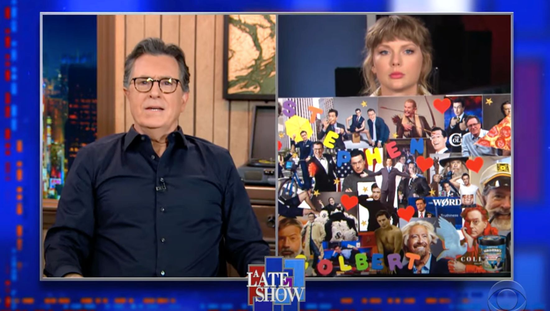 Taylor Swift sneaks on Stephen Colbert during awkward disputes over “Hey Stephen”
