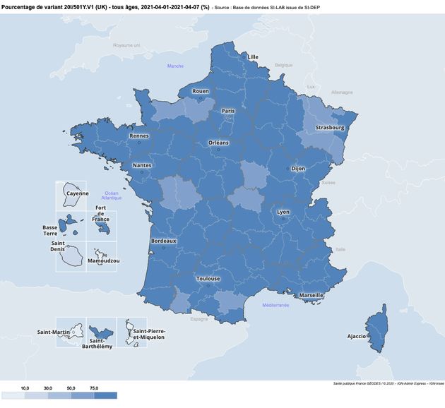 Présence dans les tests criblés du variant anglais pour la semaine du 1er au 7 avril