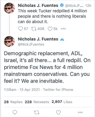 White nationalist Nick Fuentes is super stoked about Tucker Carlson's embrace of the "great replacement" conspiracy theory.