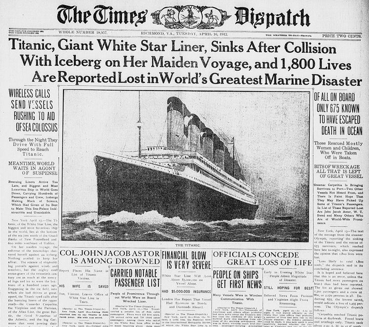タイタニック沈没を伝える記事。1912年4月16日付「The Times Dispatch newspaper 」より