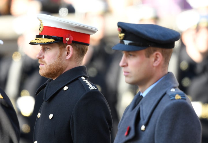 LONDON, ENGLAND - NOVEMBER 10: Prince Harry, Duke of Sussex and Prince William, Duke of Cambridge attend the annual Remembran