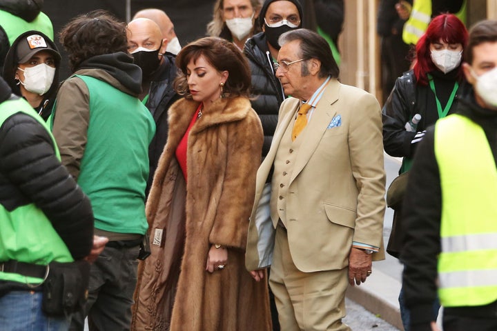 Lady Gaga and Al Pacino on the "House of Gucci" set in Italy.