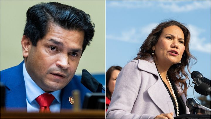 Reps. Jimmy Gomez (D-Calif.), left, and Veronica Escobar (D-Texas) used a video call with Democratic donors to ask for help against progressive primary challengers.