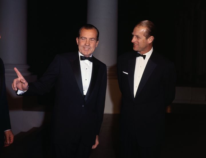 Prince Philip talks with President Nixon during a White House visit. 