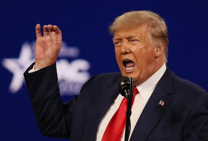 Former President Donald Trump addresses the Conservative Political Action Conference on Feb. 28 in in Orlando, Florida, where he told supporters to give money to his Save America PAC rather than to GOP committees.