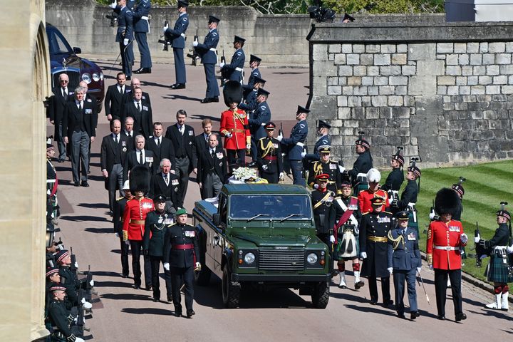 Members of the royal family follow the Duke of Edinburgh's coffin before his funeral on Saturday.
