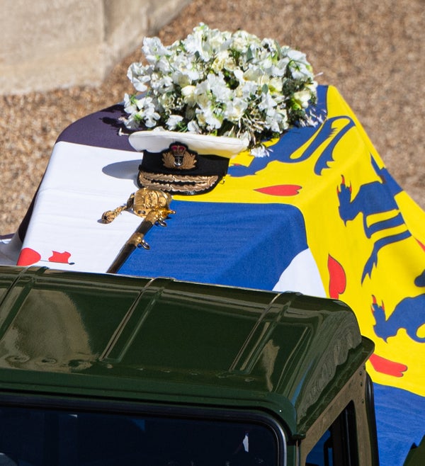 The Duke of Edinburgh&rsquo;s coffin, covered with His Royal Highness&rsquo;s Personal Standard, is seen on the Land Rover th