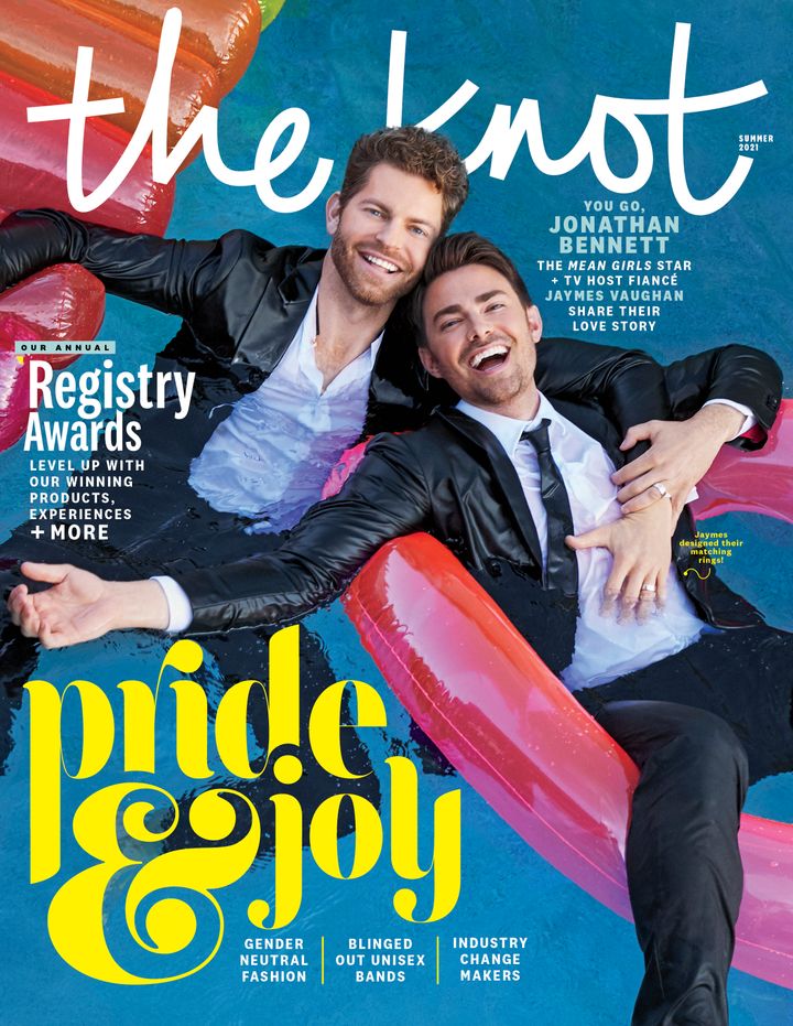 Jaymes Vaughan (left) and Jonathan Bennett cover The Knot's summer 2021 issue.&nbsp;