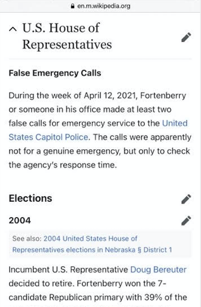 A screenshot of Rep. Jeff Fortenberry's Wikipedia page. The section titled "False Emergency Calls" was later deleted.