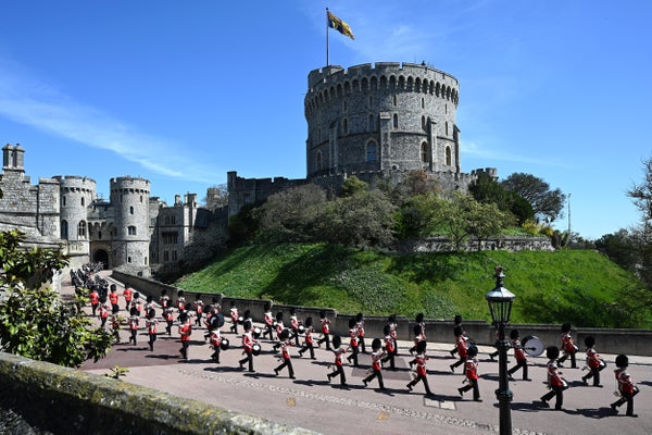 The Foot Guards Band are seen marching into position ahead of the funeral.