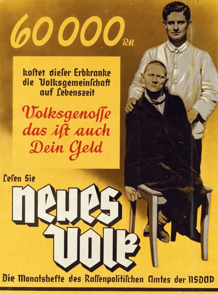Portada de 1937 de la revista 'Neues Volk', del régimen nazi, que señala a las personas con enfermedades hereditarias por costar a la sociedad "60.000 marcos" a lo largo de su vida.