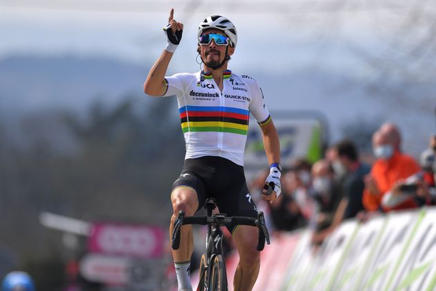 MUR DE HUY, BELGIUM - APRIL 21: Arrival / Julian Alaphilippe of France and Team Deceuninck - Quick-Step celebrates on arrival 
 during the 85th La Fleche Wallonne 2021, Men Elite a 193,6km race from Charleroi to Mur de Huy 204m / #FlecheWallonne / on April 21, 2021 in Mur de Huy, Belgium. (Photo by Luc Claessen/Getty Images)