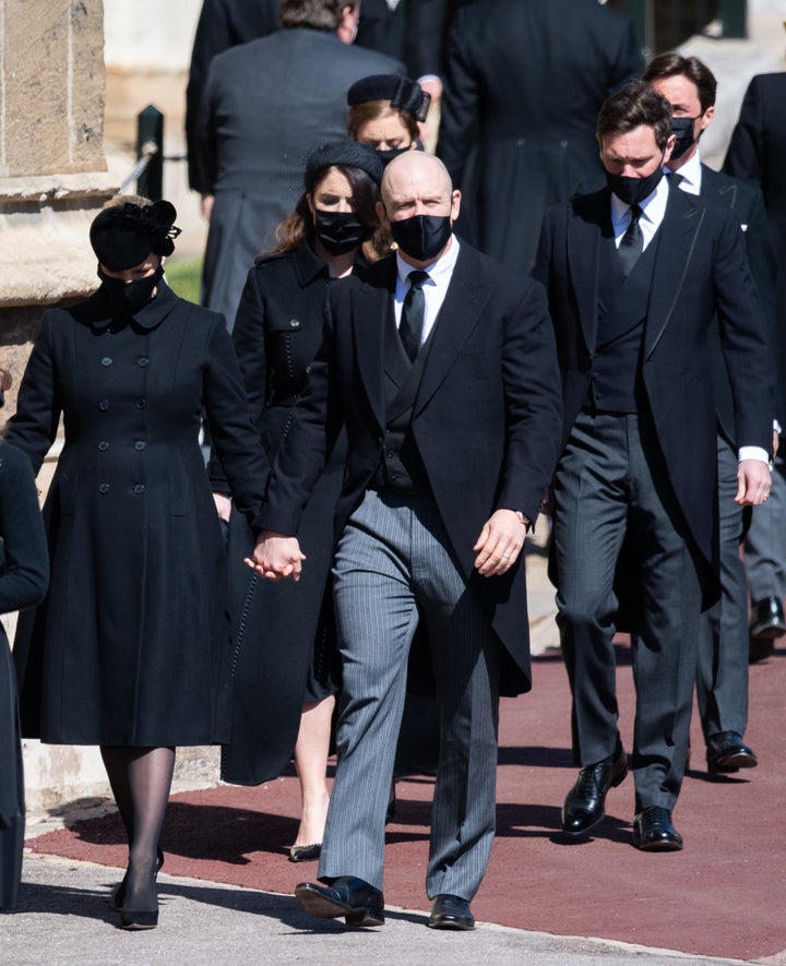 Zara Tindall, Mike Tindall, Princess Eugenie, Jack Brooksbank, Princess Beatrice and Edoardo Mapelli Mozzi during the funeral of Prince Philip on April 17 in Windsor, England. 