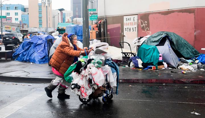 A woman pushes her belongings past a row of tents in Los Angeles on Feb. 1. At last count, more than 4,662 unhoused people were determined to be living in Skid Row.