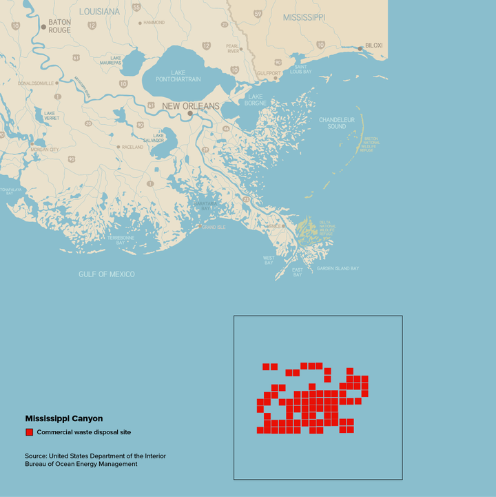 This map shows the offshore leasing blocks where dumped waste barrels have been detected along the seafloor during hazard surveys. 