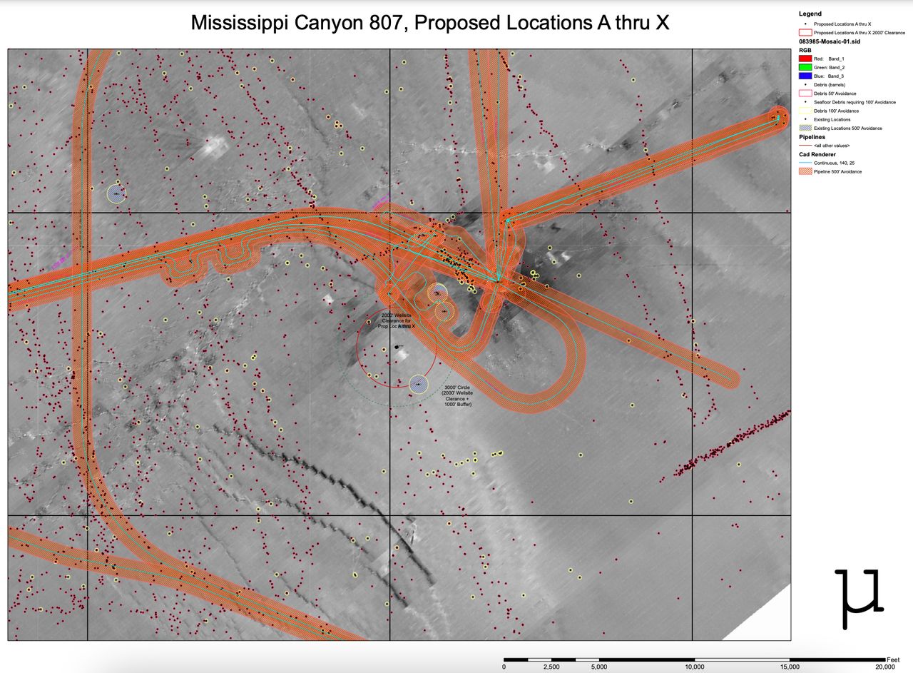 This map, included in a 2011 Shell Offshore Inc. exploration plan for a portion of Mississippi Canyon, shows hundreds of pieces of debris along the seafloor. The dots circled in red are identified as potential barrels.