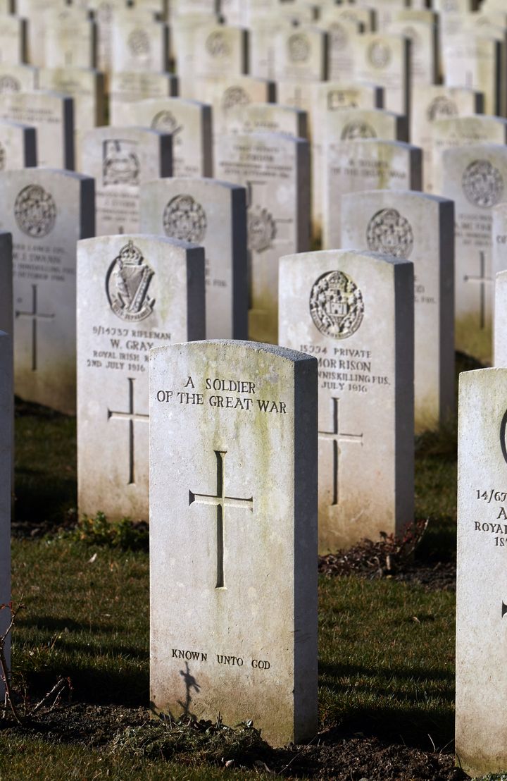 Graves of British soldiers who fought at the Somme in the First World War, who are buried at the Connaught Cemetery near the Thiepval Memorial to the Missing of the Somme in northern France