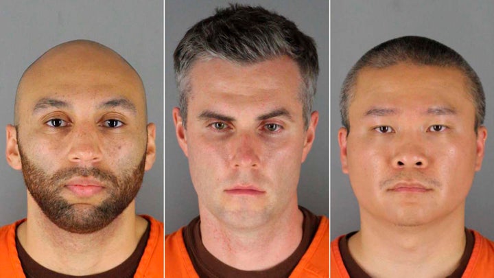 This combination of photos provided by the Hennepin County Sheriff's Office in Minnesota on June 3, 2020, shows (left to right) former Minneapolis police officers J. Alexander Kueng, Thomas Lane and Tou Thao.