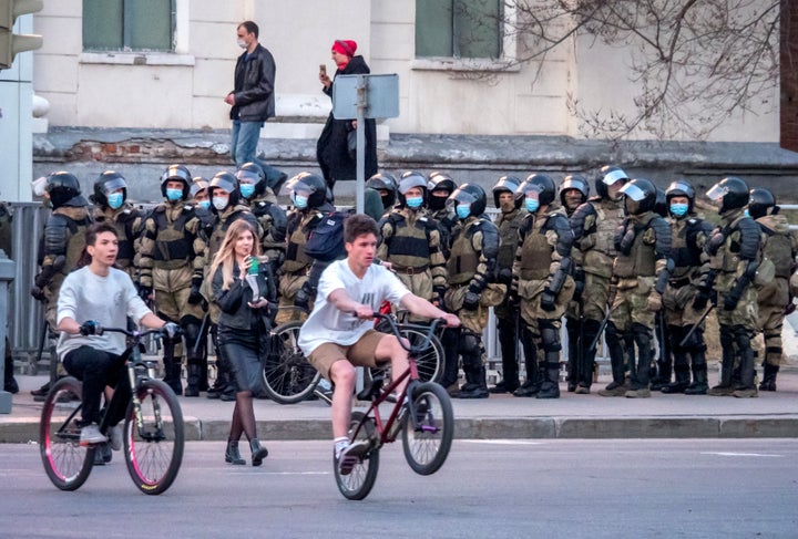 Russian policemen stand in preparation for a possible opposition rally in support of jailed opposition leader Alexei Navalny