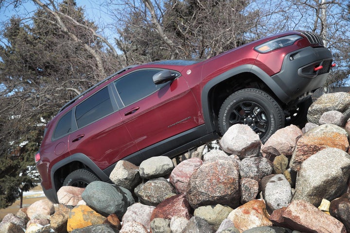 A Jeep Cherokee sits in front of Fiat Chryslers's Belvidere Assembly Plant in Belvidere, Illinois, on February 27, 2019.