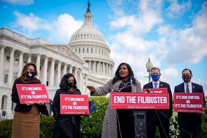 Rep. Cori Bush (D-Mo.) speaks during a news conference to advocate for ending the Senate filibuster, outside the U.S. Capitol on April 22.