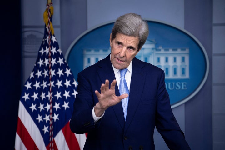 White House climate envoy John Kerry speaks during a press briefing on April 22.