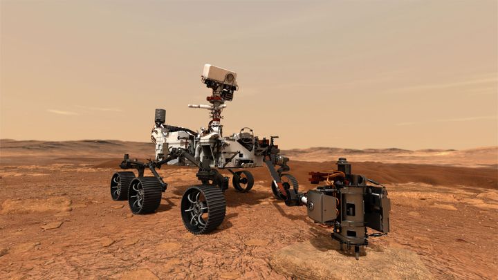 A concept illustration provided by NASA shows the Perseverance rover using its drill to core a rock sample from Mars. These samples will then be stored in sealed tubes on the planet's surface for future missions to retrieve.
