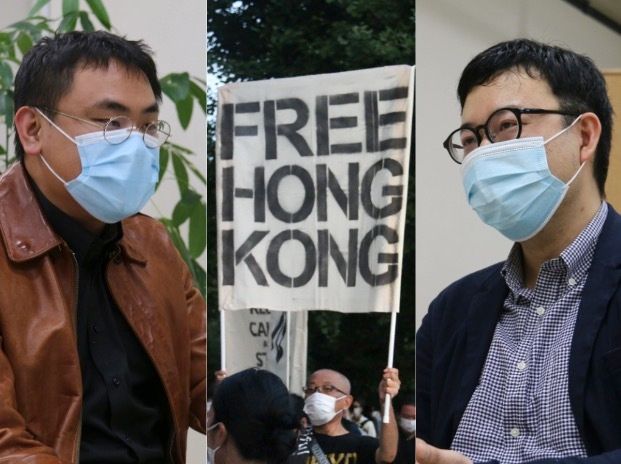 伯川星矢さん（左）と藤田直哉さん（右）。中央は都内で実施された香港民主派のデモ（2020年）。