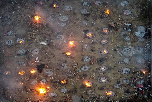 A mass cremation of victims who died due to the coronavirus disease (COVID-19), is seen at a crematorium...