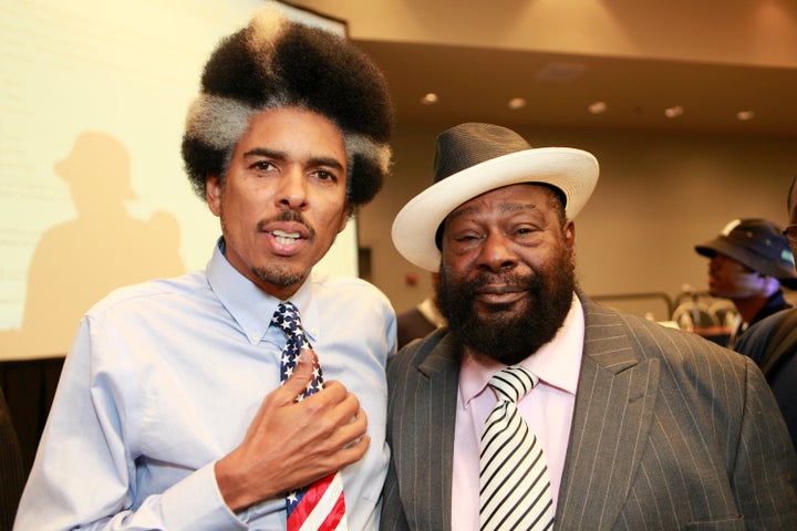 Shock G, pictured with George Clinton in 2012, was found unresponsive in a Tampa hotel room, according to a friend.